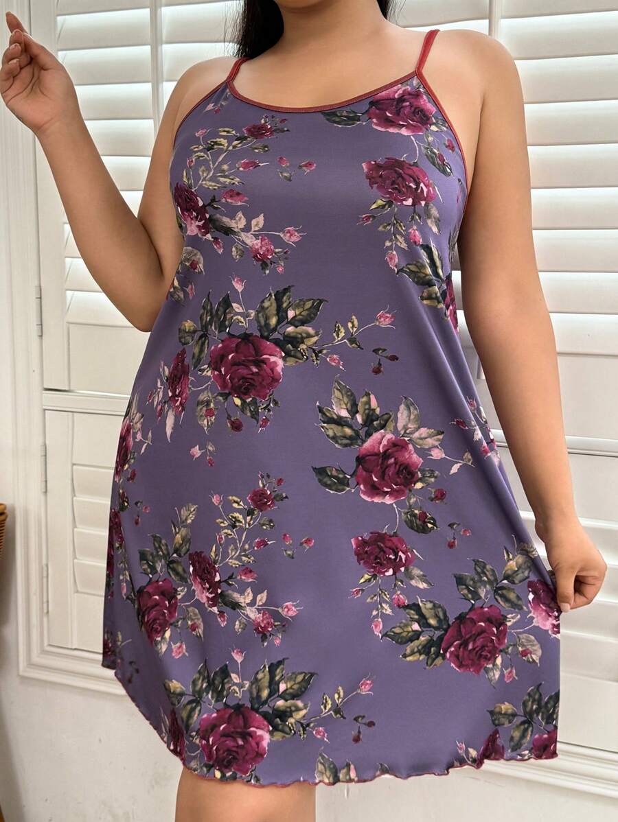 SHEIN 加大码花卉印花优雅性感吊带睡衣,夏季 - 淺灰紫 - View 1