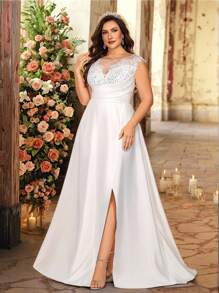 Glamrae Abito da sposa elegante e lussuoso con scollo a cuore, spalle aperte, arricciature, jacquard in raso, vita alta, taglio a trapezio e strascico, taglia grande