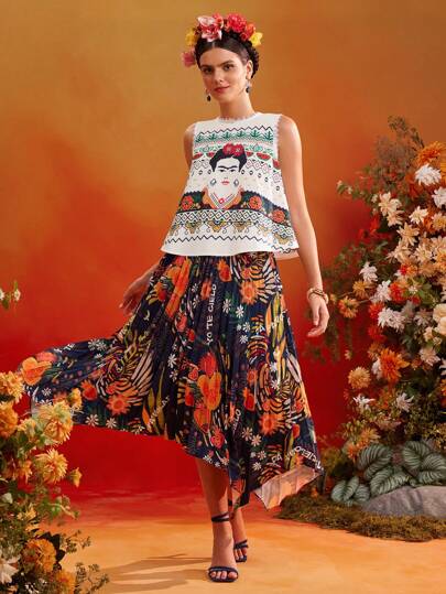 Frida Kahlo X SHEIN X Designer Oxana 女式短款飘逸无袖上衣印花喇叭形圆领纽扣衬衫