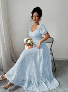 Modelyn Women's Puff Sleeve Jacquard Fabric Design Flared Hem French Elegant Sweet Summer Dress - Blue - View 4