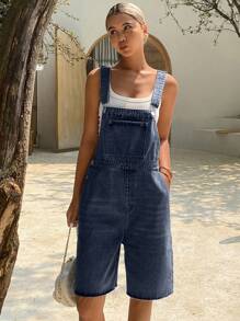 Livesso 女式做旧纯色街头休闲度假牛仔连体裤，夏季工装裤 - 深色水洗藍 - 查看 4