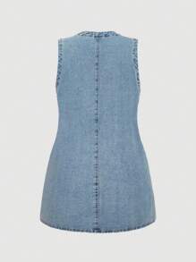 SHEIN MOD 大码牛仔无袖紧身迷你连衣裙，蓝色 - 淺色水洗藍 - 查看 2