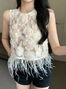 DAZY Blusa elegante estiva da donna in organza, con decorazioni in pizzo floreale 3D, trasparente, con frange all'orlo, senza maniche. Top corto da donna per uscire - Bianco - Visualizzare 3