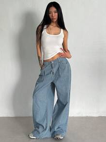 DAZY 女式蓝白条纹宽松休闲牛仔裤，夏季，返校服装 - 藍色 - 查看 3