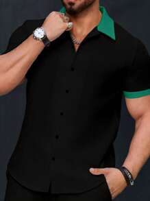 Manfinity Homme Men's Casual Colorblock Short Sleeve Shirt, Summer