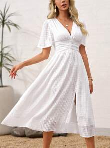 SHEIN Clasi Vestido de longitud media a la pantorrilla con abertura lateral, cinturado, de unicolor, verano para mujer