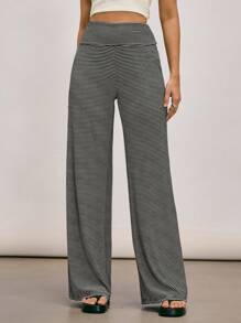 Easelle Retro Casual Loose Striped Comfortable Women Pants Striped Pants Wide Leg Pants Flare Leg Pants Palazzo Pants - Black and White - View 4