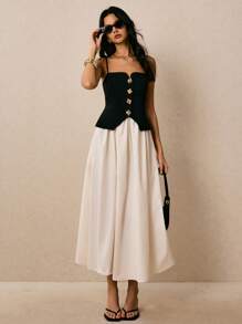 Poéselle Đầm midi dây cài nút phía trước màu tương phản 2 trong 1 dành cho nữ - Đen và trắng - Xem 4