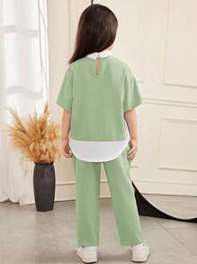 SHEIN Lässiger, eleganter Anzug für Kleine Mädchen im Büro mit lockerem Hemdkragen, übergroßer, überschnittener Schulter, kurzen Ärmeln, strukturiertem Spleiß-Farbblock-Bluse-Oberteil und gerade geschnittener Hose