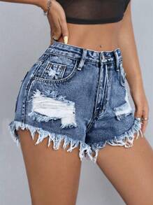 SHEIN PETITE Summer Fashion Washed Hole & Frayed Edge Denim Shorts - Medium Wash - View 3