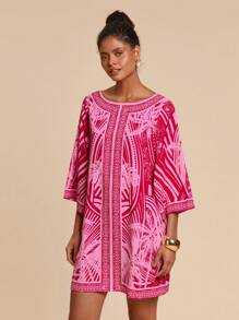 Travachic Vestido midi con estampado floral de estilo bohemio, escote en V y espalda abierta, manga de campana, adecuado para vacaciones y salidas - Multicolor - Ver 5