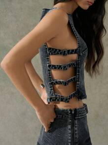 LYSMO 女士牛仔套装无袖圆领上衣和迷你裙，夏季时尚 - 藍色 - 查看 7