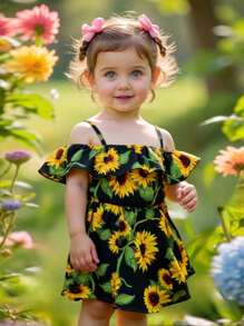 SHEIN Baby Girl Sunflower Print Cold Shoulder Ruffle Trim Dress - Multicolor - View 2