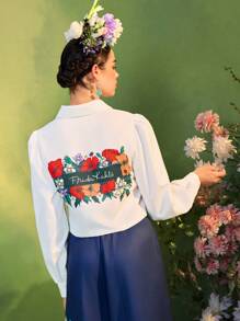 Frida Kahlo X SHEIN X Designer Israel Jasso White Floral Print Buttons Puffed Long Sleeves Pockets Shirt Women Summer Vacation