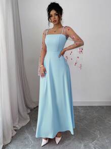 Elenzga 女式刺绣网眼拼接喇叭袖连衣裙 女式长款服装 - 藍色 - 查看 3