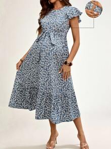 SHEIN Ruffles Sleeve Maternity Nursing Dress - Blue - View 1