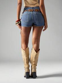 MISSGUIDED Váy ngắn phong cách cổ điển cạp cao viền thô denim lễ hội phong cách cao bồi miền Tây Y2K váy thường ngày mùa hè - Màu xanh bụi bặm - Xem 2