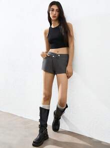 Aveloria GENKIRA Deep Grey Faux Denim Solid Color Asymmetrical Waistline Double Button Design Low-Rise Casual Streetwear Sexy Shorts For Women - Dark Grey - View 4
