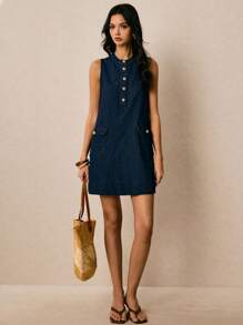 Poéselle 新款女式牛仔连衣裙半开襟无袖A字直筒连衣裙蓝色秋季服装法式休闲女士休闲连衣裙度假连衣裙返校节连衣裙外出连衣裙老款连衣裙返校生日女士连衣裙女士教师装