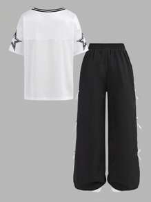 SHEIN Girlism Conjunto informal de 2 piezas para niñas preadolescentes con camiseta holgada de manga larga con estampado y pantalones con detalle de lazo a los lados - Blanco y Negro - Ver 2
