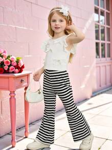 SHEIN 2pcs Set Young Girl Solid Color Crew Neck Ruffle Hem Tank Top And Flare Leg Pants, Knit - Black and White - View 1