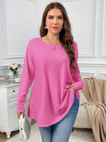 SHEIN Privé Plus Size Elegant Casual Loose Long Sleeve Round Neck Solid Color Basic Undershirts And Outerwear Swing Hem T-Shirt