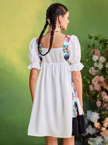 Frida Kahlo X SHEIN X Designer KATHARSIS Vestido mini mujer de verano de silueta de línea A, con mangas de globo, bloqueo gráfico y smocking en la espalda