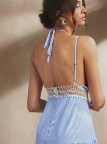 L'Amorae Damen Maxikleid mit doppeltem Träger, ärmellos, blau/weiß Popeline Streifenmuster, tiefer Ausschnitt, fließend, Sommerkleid mit transparenter Bordüre, Sommeroutfit für Damen, Strandoutfit für Damen, Outfit für den 4. Juli - Blau-Weiß - Übersicht 2