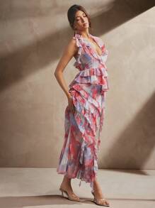 L'Amorae 印花优雅低领荷叶边无袖上衣 - 粉色 - 查看 5