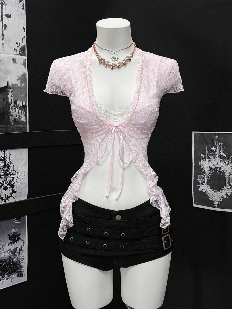 EgrlEra Women's Sexy Sheer Cropped White Top - Pink - View 1