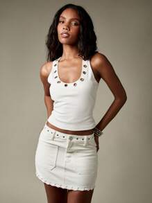 MISSGUIDED Denim Mini Skirt Eyelet Detail Festival Clothing Contemporary Fashion Grommets Detail Summer Party Beach Club Wear Statement Piece - White - View 3