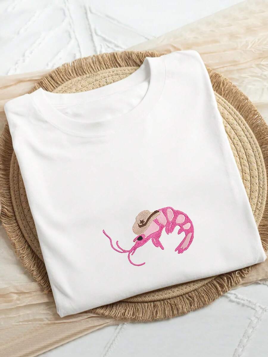 Plus Size Women's Shrimp Sheriff Pattern T-Shirt Fun Gift Round Neck Short Sleeve Casual T-Shirt Suitable For Going Out Daily Wear Valentine's Day Gift For Girlfriend Summer Promotion