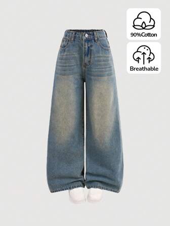SHEIN Jeans amples vintage Y2k, pantalon en jean patte d'éléphant, streetwear Harajuku Kpop, style rétro gris des années 2000. Vêtements d'hiver pour préadolescentes, tenues de rentrée scolaire