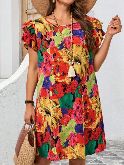 Plus Size Women's Vacation Casual Bohemian Rose Printed Layered Cap Sleeves  Casual Midi Dress, Romantic Spring