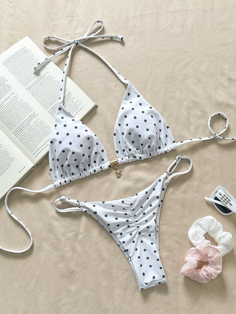 Swim Mod Conjunto de bikini sexy con estampado de lunares y decoración metálica con tirantes tipo espagueti, conjunto de ropa de playa de verano para mujeres