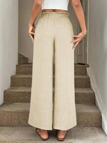 Easowa 阔腿裤，带有荷叶边和蝴蝶结细节，女士优雅休闲度假装 女式阔腿裤 夏季阔腿裤 女式夏季裤 系腰裤 女式阔腿裤 女式夏季裤 亚麻裤 - 杏色 - 查看 2