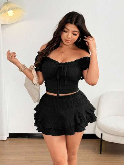 Celure Plus Size Sexy Off-Shoulder Vacation Tops, Casual Beach Bow 2 Pieces Skort Sets For Women