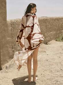 Swim Chiccia Women's Summer Beach Open Front Bell Sleeve Belted Sheer Printed Kimono Cover Up