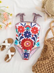 SHEIN LMoss Kids 少女热带海滩碎花蝴蝶结装饰连体泳衣，适合夏季海滩度假，母女/姐妹亲子装，家庭度假/假日亲子装