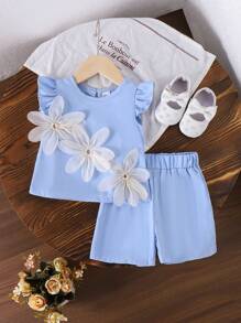 2025 Summer New Baby Girls Cute Solar System Flower Decor Sleeveless Top + Solid Color Shorts 2pcs Set - Baby Blue - View 3