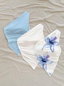 Soleia 3pcs Women Casual Ruched Asymmetric Hem Bodycon Top Set, Suitable For Summer, Holiday, Floral Print Suitable For Going Out - Blue - View 5