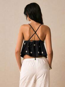 Poéselle Women's Summer Vacation Style Daisy Embroidered Crisscross Back Babydoll Cami Top - Black - View 4