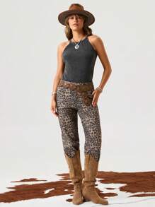 SHEIN LUNE Áo tank top kiểu miền Tây dành cho nữ, cổ chữ U, kiểu vintage rách rưới, không tay, có bèo nhún trang trí bên hông. - màu đen - Xem 5