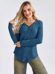 SHEIN LUNE Camiseta De Mujer A Rayas De Piqué De Color Liso Con Escote Con Botones