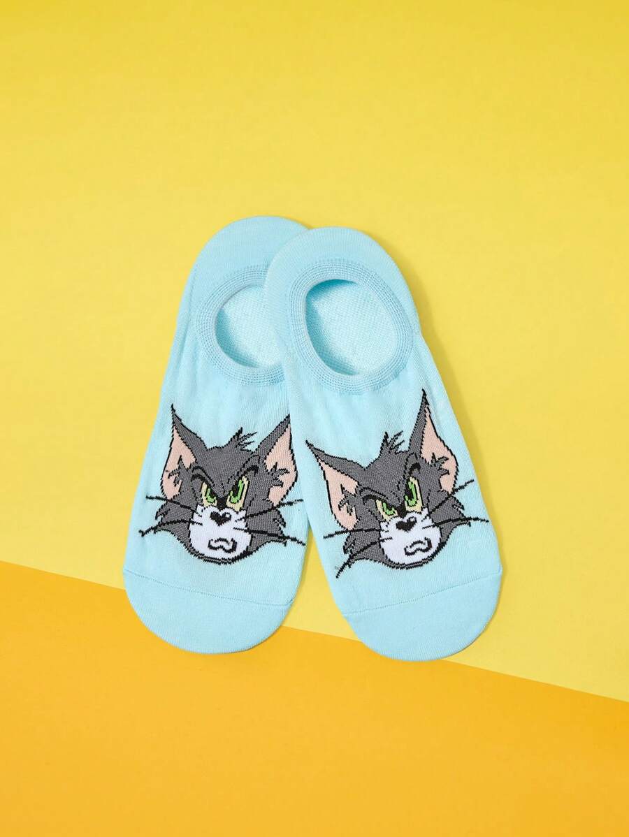 TOM & JERRY X SHEIN زوج من جوارب الكاحل الأنيقة القياسية والجميلة ذات طبعات كرتونية للنساء - الأزرق - مشاهدة 1