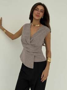 Aloruh Elegant Solid Color Simple Commuter V-Neck Pullover Waist-Cinched Asymmetrical Hem Ruched Decor Short Sleeve Crossover Design Gray Shirt - Brown - View 6