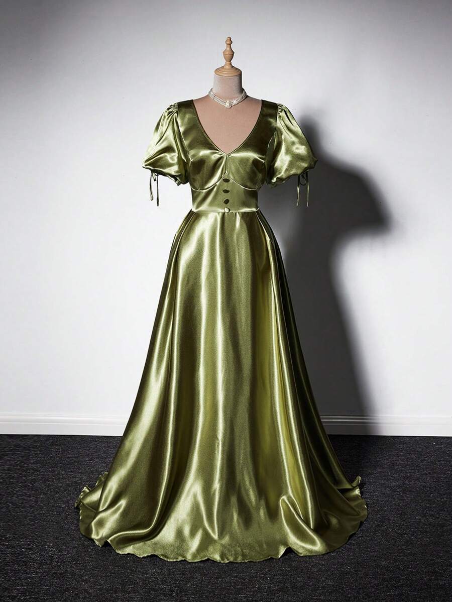 SHEIN Unity 大码女式 V 领泡泡袖腰部纽扣装饰摇摆缎面长裙，适合鸡尾酒会 - 綠色 - 查看 1