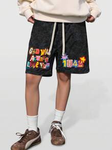 ROMWE MEN Street Life Men's Preppy Summer Casual Slogan Print Drawstring Waist Shorts - Black - View 1