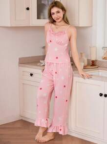 SHEIN Star Print Ruffled Cami Top And Pants Pajama Set - Multicolor - View 5