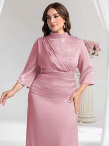 Coutiva 大码女式奢华亮片拼布礼服，优雅高端派对礼服 - 粉色 - 查看 1